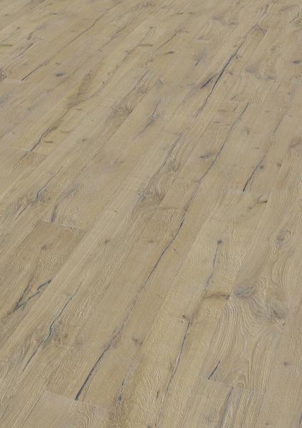 Landhausdiele Eiche, antik, altholztypische Längsrisse, ausdrucksst. Bürstung, gekalkt, weiß geölt 2,90m²/Paket